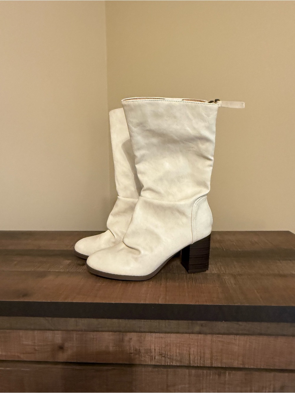 Women's Mid-Calf Heeled Boots in Cream
